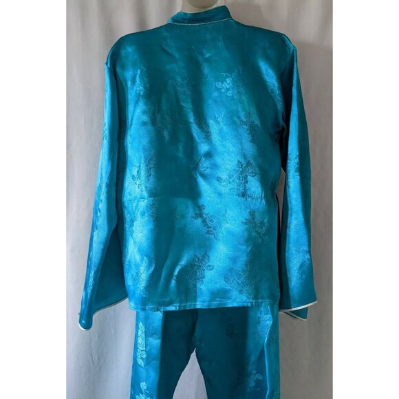 Vintage Traditional Chinese Pajama Set Laungewear Satin Turquoise Embroidery L - Picture 2 of 10